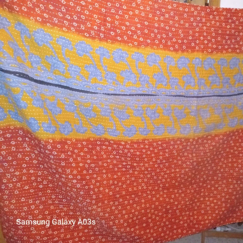 Kantha Quilt Blue Yellow Burnt Orange 54" x 83" Premium 3 Layer Cotton K141. - Picture 1 of 6